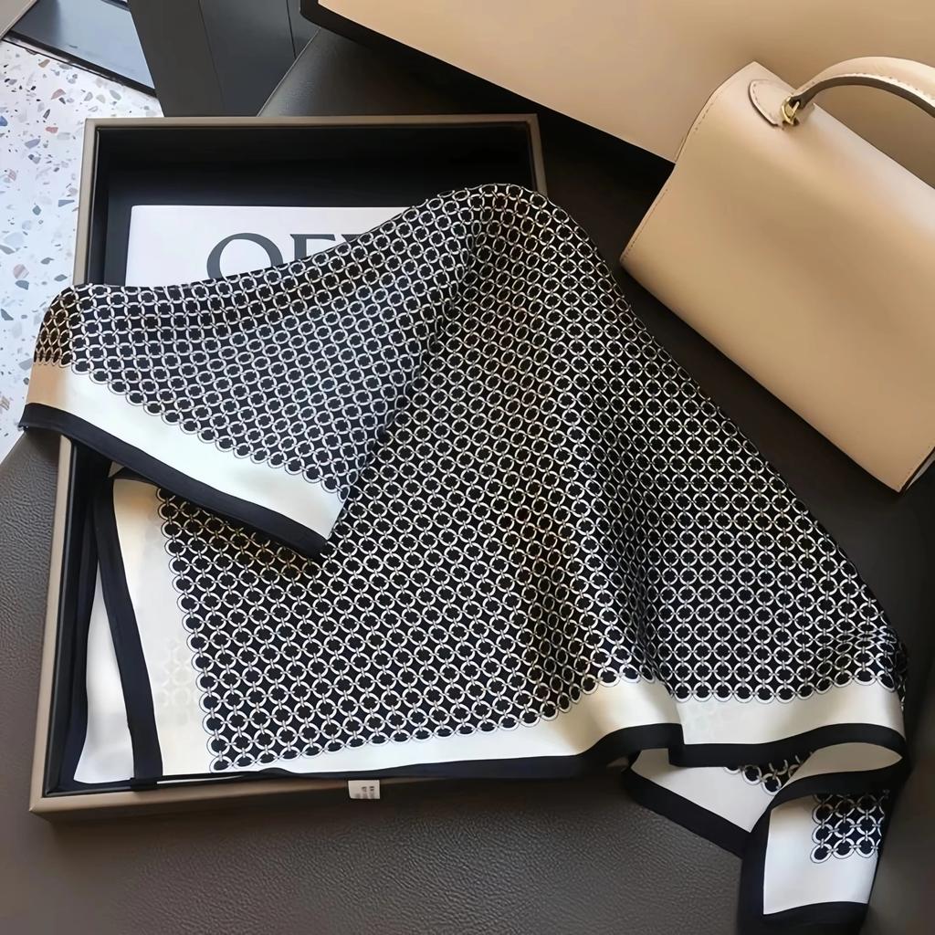 New Elegant Soft Satin Square Scarf For Women Stylish Round Ring Print Versatile Bandana Elegant Style Sunscreen Headscarf