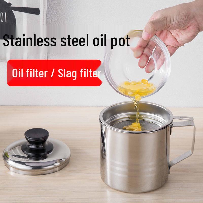 304 Stainless Steel Oil Filter Pot with Screen and Oil Return Cup for Kitchen Oil Storage