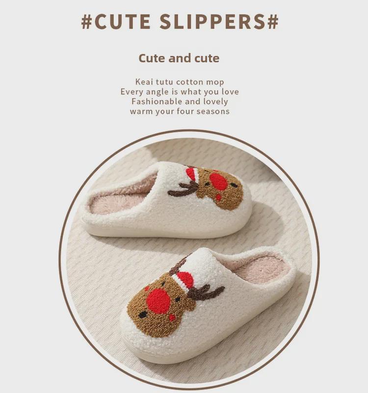 Damen Weihnachts-Elch Baumwollpantoffeln - Warme Winter-Hausschuhe