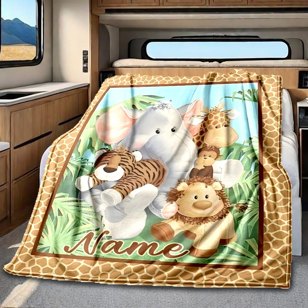 Jungle Safari Animals Blanket Personalized Name Soft Comfortable Stylish Blanket Car Blanket Perfect For Travel Camping Outdoor Home Suitable For All