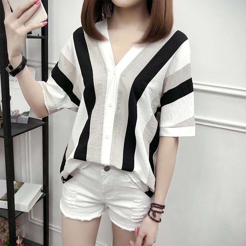 

Женская рубашка в полоску с v-образным вырезом большого размера, женский топ с половиной рукавов M