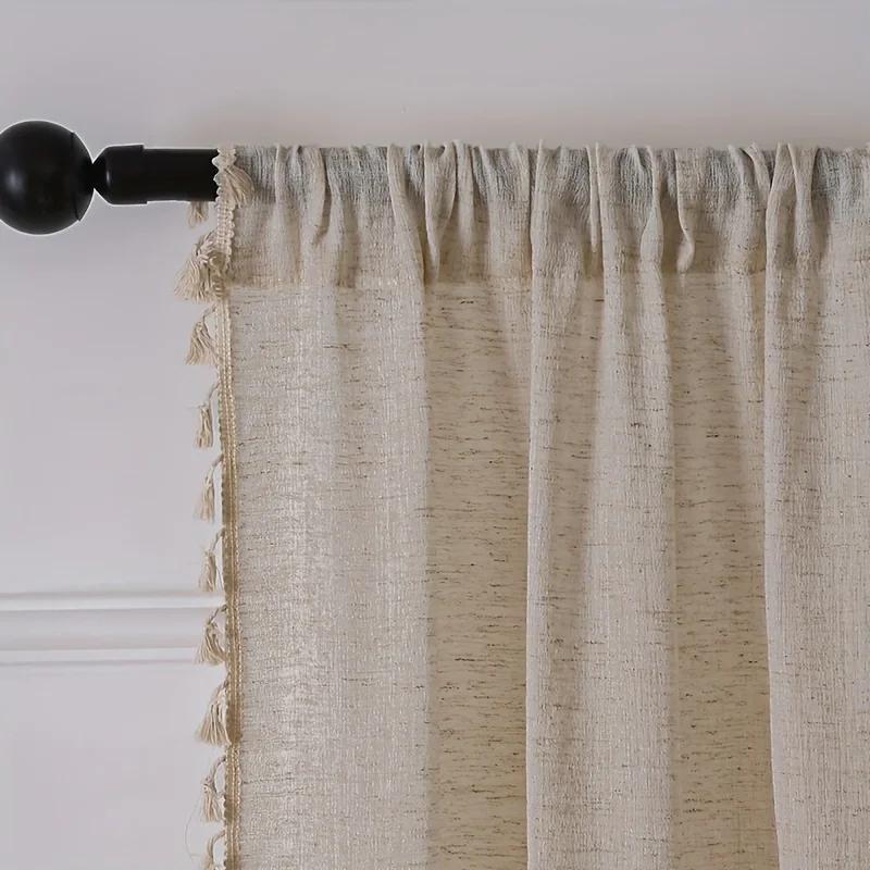 Solid Color Linen Plus Fringe Curtains Living Room Bedroom Balcony Semi-Blind Curtains, French Rustic Style Curtains