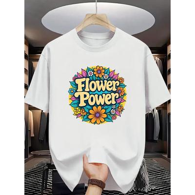 European Sizes Men'S Crew Neck T-Shirt with "Flower Power" Print - Casual Summer Tee for Adults, Charity Event Attire, Regular Fit