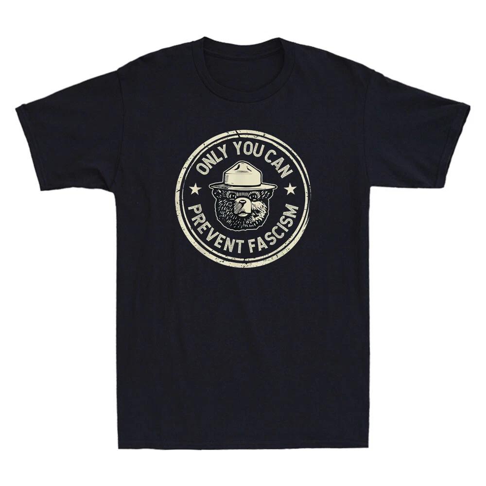 Only You Can Prevent Fascism Funny Bear With Hat Graphic Vintage Men s T-Shirt 2XL