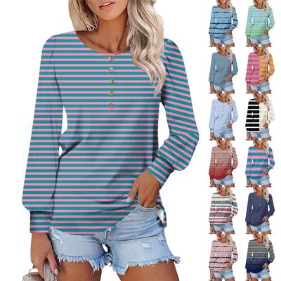 T-shirts à Manches Longues et Col Rond pour Femmes, Imprimé Rayé, Manches Bouffantes, Blouses Boutonnées, Tops
