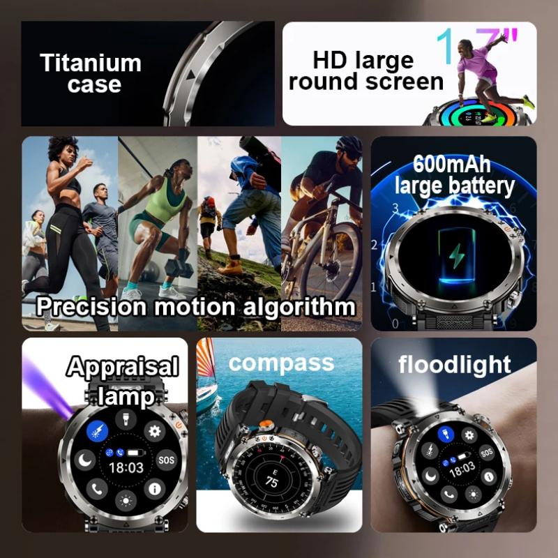 New 5ATM Waterproof Smart Watch Men 600mAh Outdoor SmartWatch GPS Compass Heart Rate LED Flashlight Bluetooth Call Sports Smartwatch