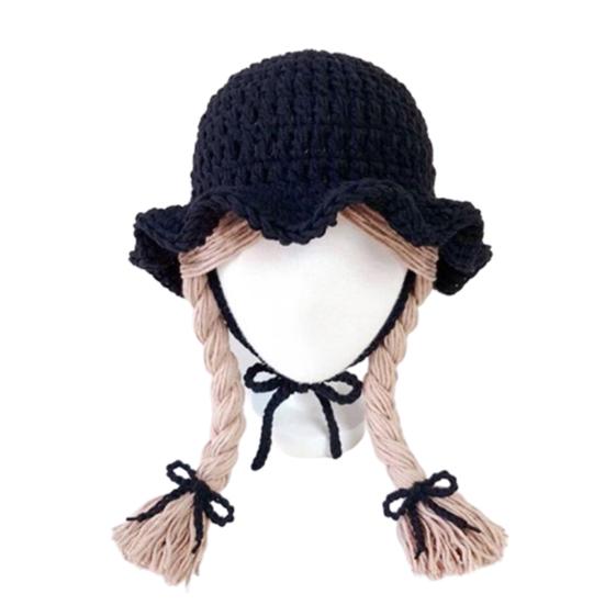 Moda Dziecięca Dziewczęca Peruka Pleciona Pasek Podbródkowy Czapka Dzianinowa Kapelusz Bucket Rekwizyt do Zdjęć