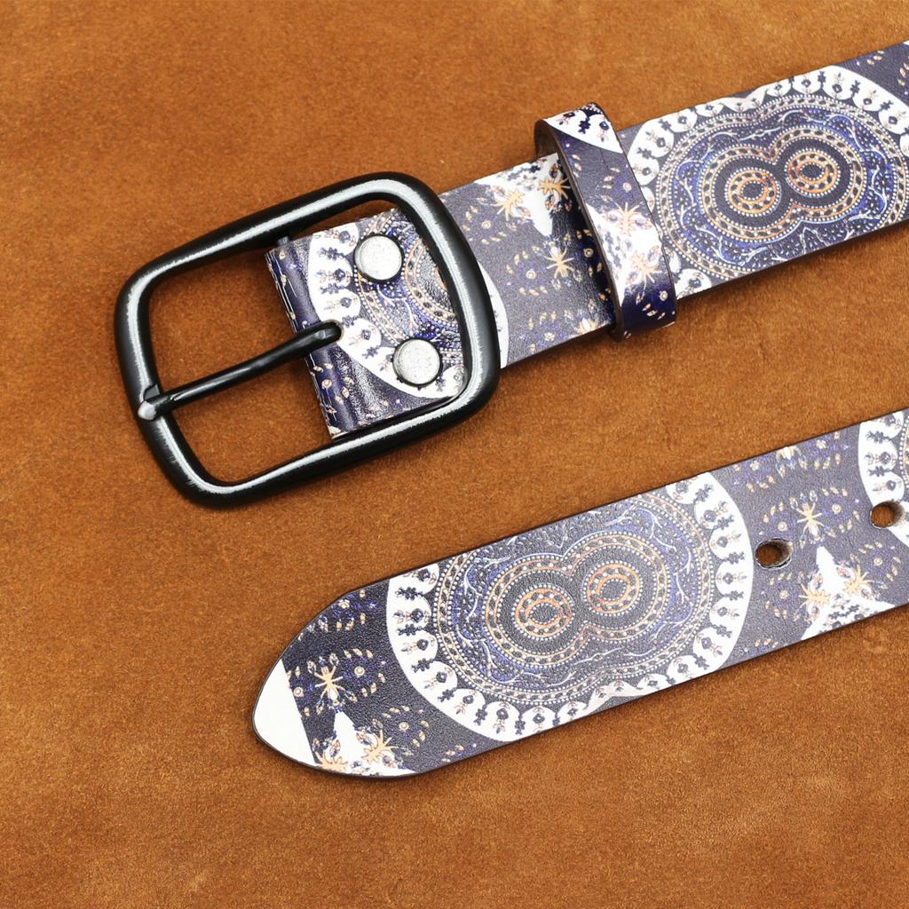 Real Cowhide Retro Owl Eyes Graffiti Printed Belt Personalized Retro Belt American Japanese and Korean Style