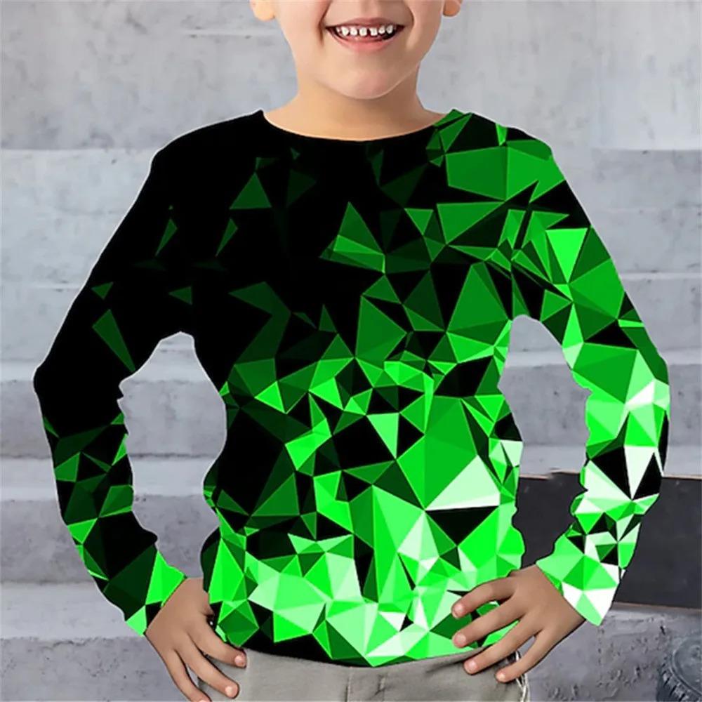 Children's Lightning Geometry 3D Digital Printed Boys' Fun and Fashionable Round Neck Long Sleeve T-shirt