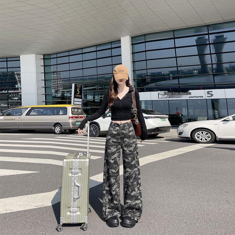 2025 Winter Streetwear Camouflage Wide-Leg Jeans: Sweet and Cool High-Waisted Style S