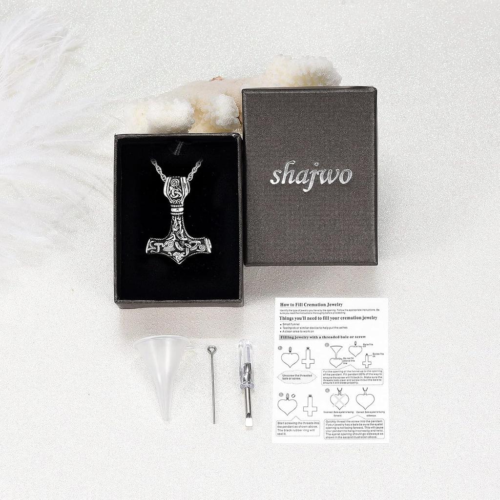 shajwo Mjolnir Thors Hammer Urn Necklace for Ashes for Men Celtic Nordic Viking Cremation Jewelry for Women Keepsake Memorial Ashes Pendant