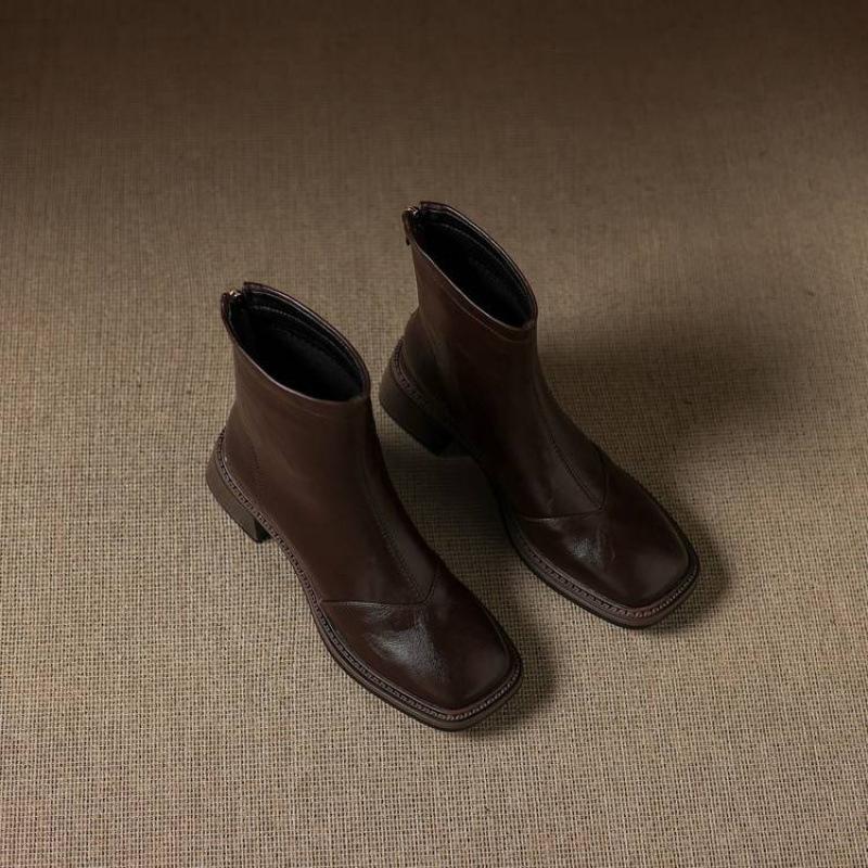 New Women's Leather Plus Size Women's Boots Rubber Sole Middle Heel Comfortable Rear Zipper Middle Tube Boots Autumn and Winter Martin Boots Women's