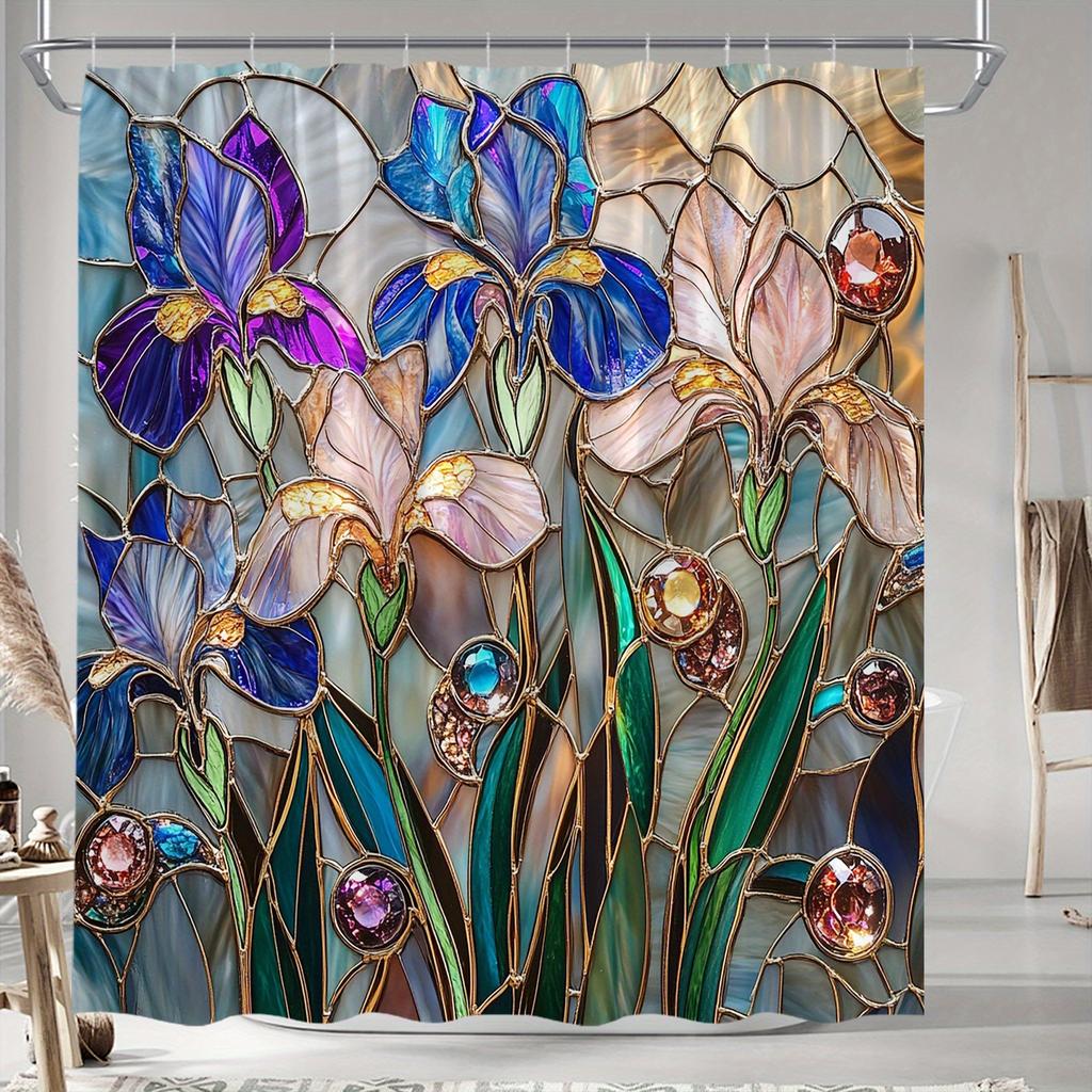 Stained Glass Iris Flowers Shower Curtain - Polyester, Purple Pink Blue Blooms, Golden Accents & Gem Beads,  Fashion Bath Decor