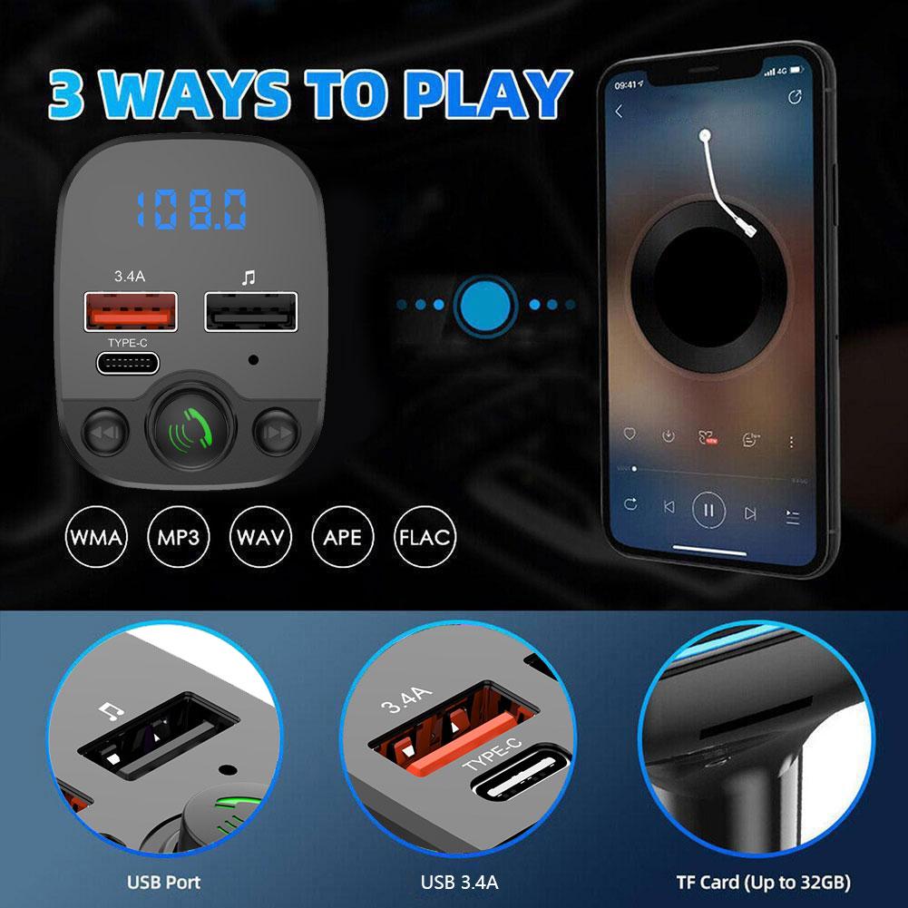 Bluetooth 5.0 Car FM Transmitter PD Type-C Dual USB Atmosphere MP3 Player Type-C Hands-free PD QC3.0