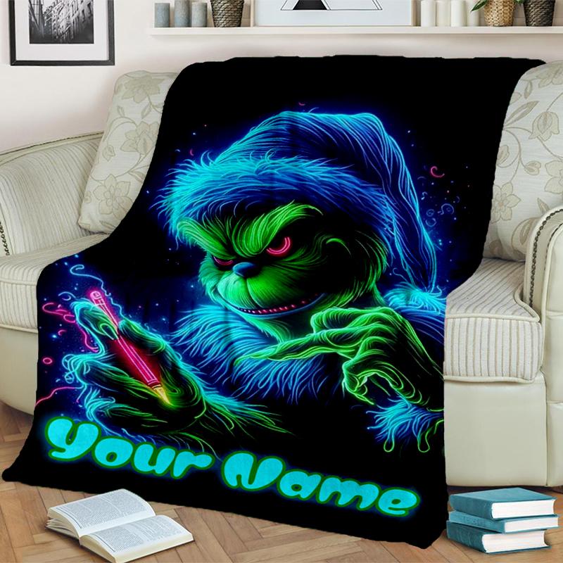 1PC Custom Name "Neon Grinch Night" Flannel Blanket Versatile,all-season Throw Suitable for the Living Room,bedroom,camping,travel,and Gift