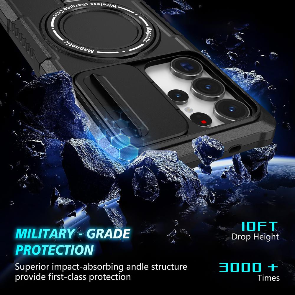 KEYSION Shockproof Case for MagSafe for Samsung Galaxy S25 Ultra 5G Magnetic Ring Stand Slide Camera Protection Phone Back Cover