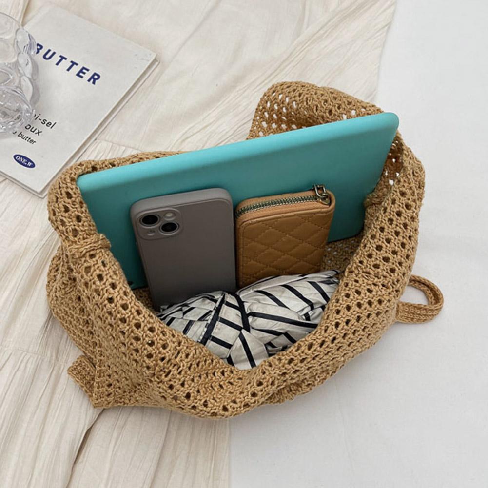 Women Knitting Shoulder Bag Solid Color Beach Tote Bag Large Capacity Knitted Tote Handbag Ladies Daily Handbag
