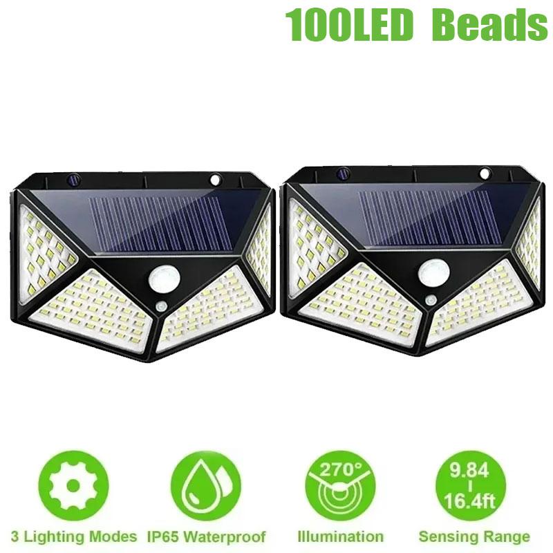 Solar Powered 100 LED Motion Sensor Wall Light, Waterproof Outdoor Security Lamp for Garden, Fence, Yard, Pathway Decoration