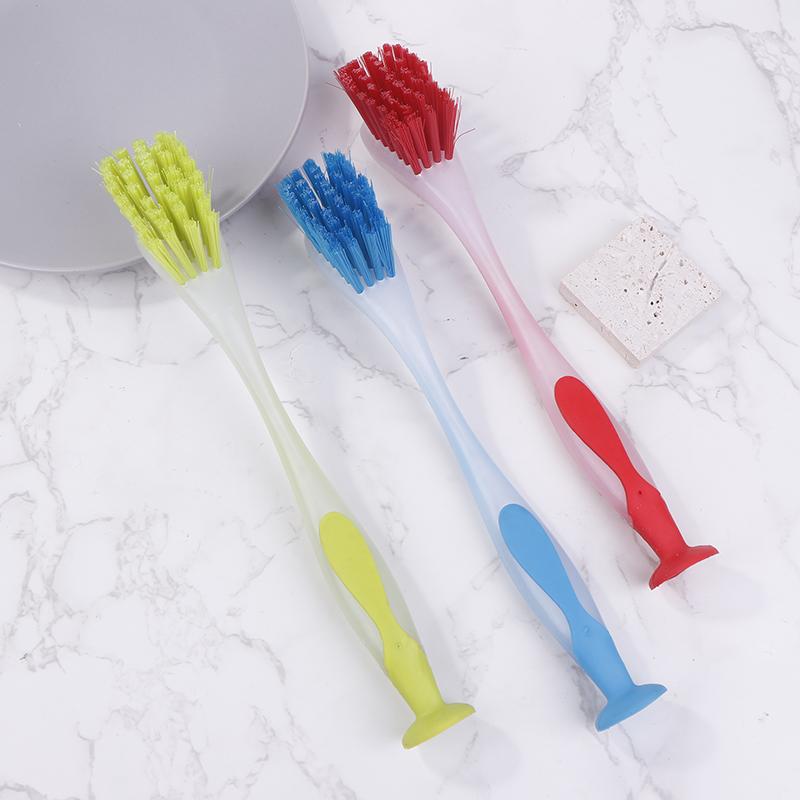 Multifunctional Pot Cleaning Brush Vertical Dishwashing Brush Suction Cup Type Plastic Long Handle Sink Cleaning Scrub Brush