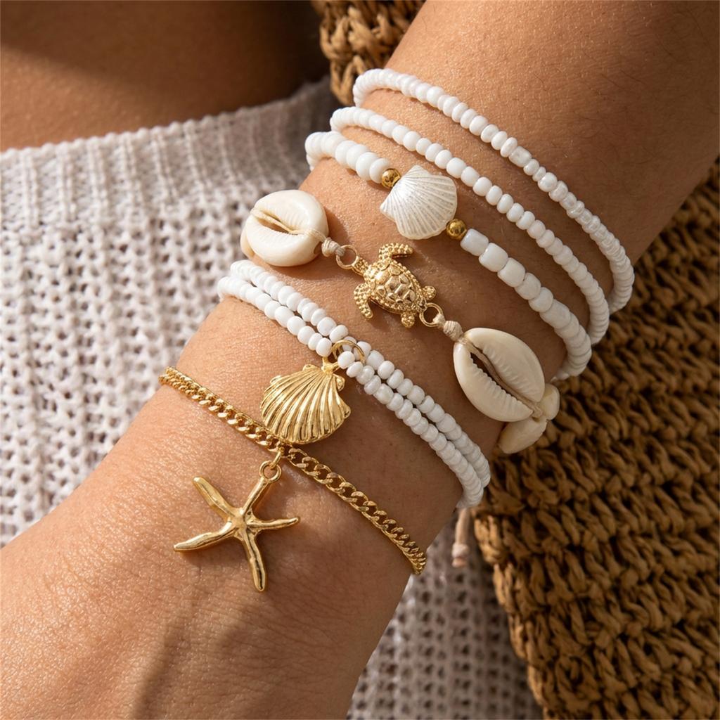 Modisches Sternmuschel Perlenarmband Set für Damen Boho Imitation Perle Meeresschildkröte Anhänger Elastisches Armband Sommer Schmuck Geschenk