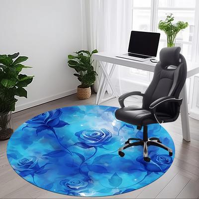 1pc Blue Rose Pattern Office Round Rug, Carpet for Office, Gaming, Lightweight Round Floor Mat Yy260208031