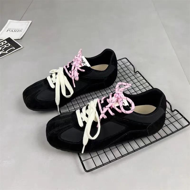 Fashion Women's Sneakers Thin-soled Designer Shoes New Wine Red Retro Cow Leather Splicing Design Walking Shoes Skeleton Correction 40