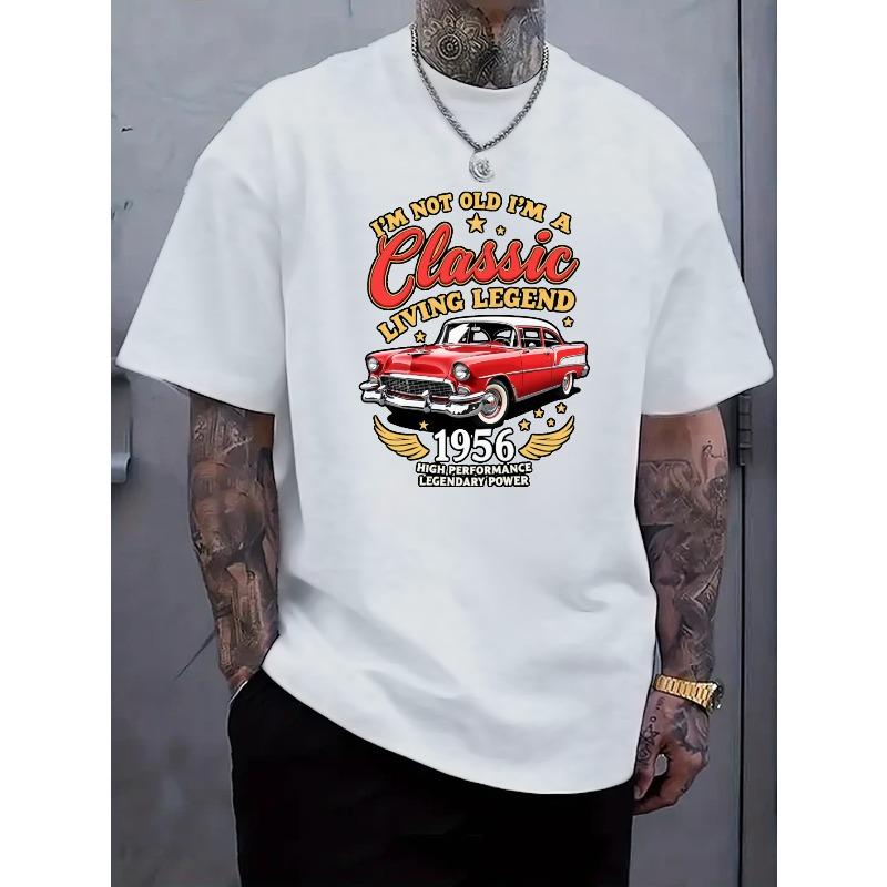Taglie Europee T-Shirt Classica Vintage da Uomo con Grafica di Auto d'Epoca - Maglietta Casual Bianca con Dettagli Rossi e Gialli, Traspirante Vestibilità Regolare Manica Corta