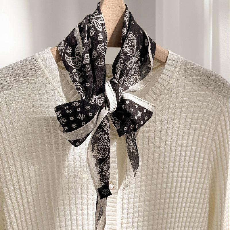 Spring new versatile rhombus scarf geometric splicing design silk silk black and white cashew pattern silk scarf
