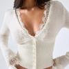 Damen Spitze Besatz Strick Cardigan Tops V-Ausschnitt Langarm Knopfleiste Kurz Pullover Vintage Enganliegend Durchsichtig Netzstrickware Elegant L