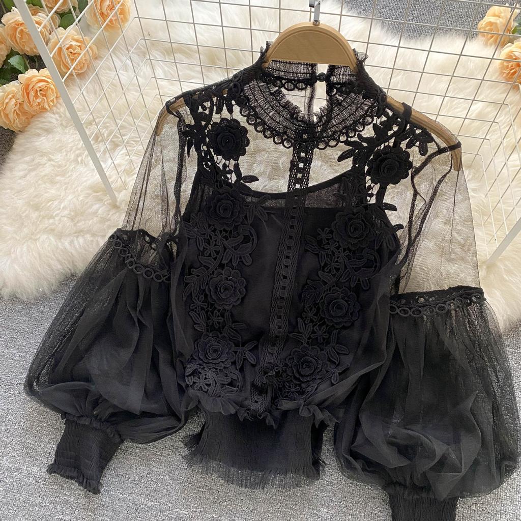 Danmo  Korean Style Chic Sexy Lace Blouse Women Long Lantern Sleeve Shirt Floral Elegant Mesh Blusas