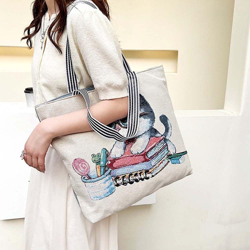 Canvas Ethnic Style Handbag Large Capacity Animal Shoulder Bag Cute Cat Cloth Bag  Storage Bag