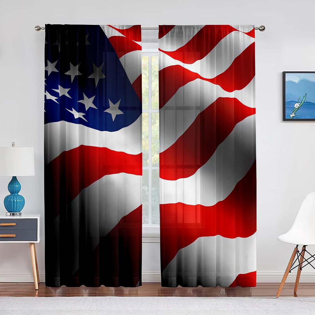 Tüllvorhang mit amerikanischer Flagge zum Unabhängigkeitstag für Schlafzimmer, Fensterdekoration, Wohnzimmer, USA-Streifen, Chiffon, transparente Vorhänge