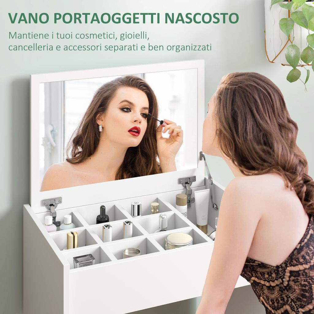 Tocador de Maquillaje con Espejo Plegable, Tocador de Maquillaje Moderno, con Taburete, Compartimento de Almacenamiento con 10 Secciones, MDF Blanco, 60.2 x 40.2 x 79cm