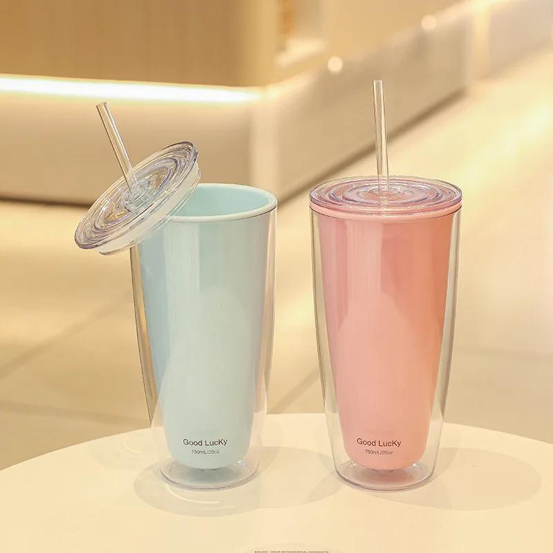 750ml Double Layer Plastic Water Cup with Lids Straw Cold Juice Tea Milk Ice Coffee Mugs Home Travel Kids Water Bottle Drinkware