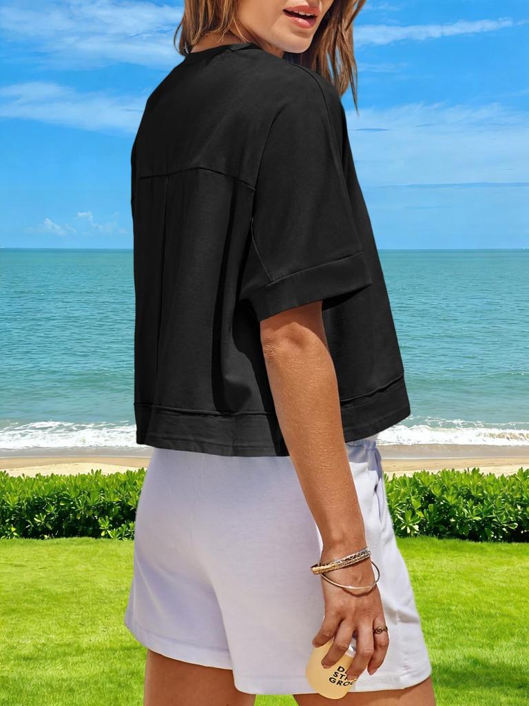 Womens Oversized Crop T Shirt Short Sleeve Workout Tee With Side Pockets