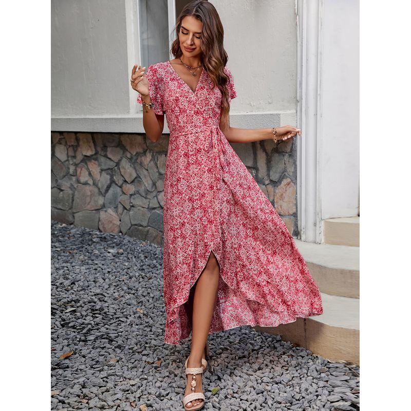 

Bohemia V-neck Floral One Piece Strap Silm Rayon Short Sleeve Irregular Dress Seaside Beach Skirt Red XL