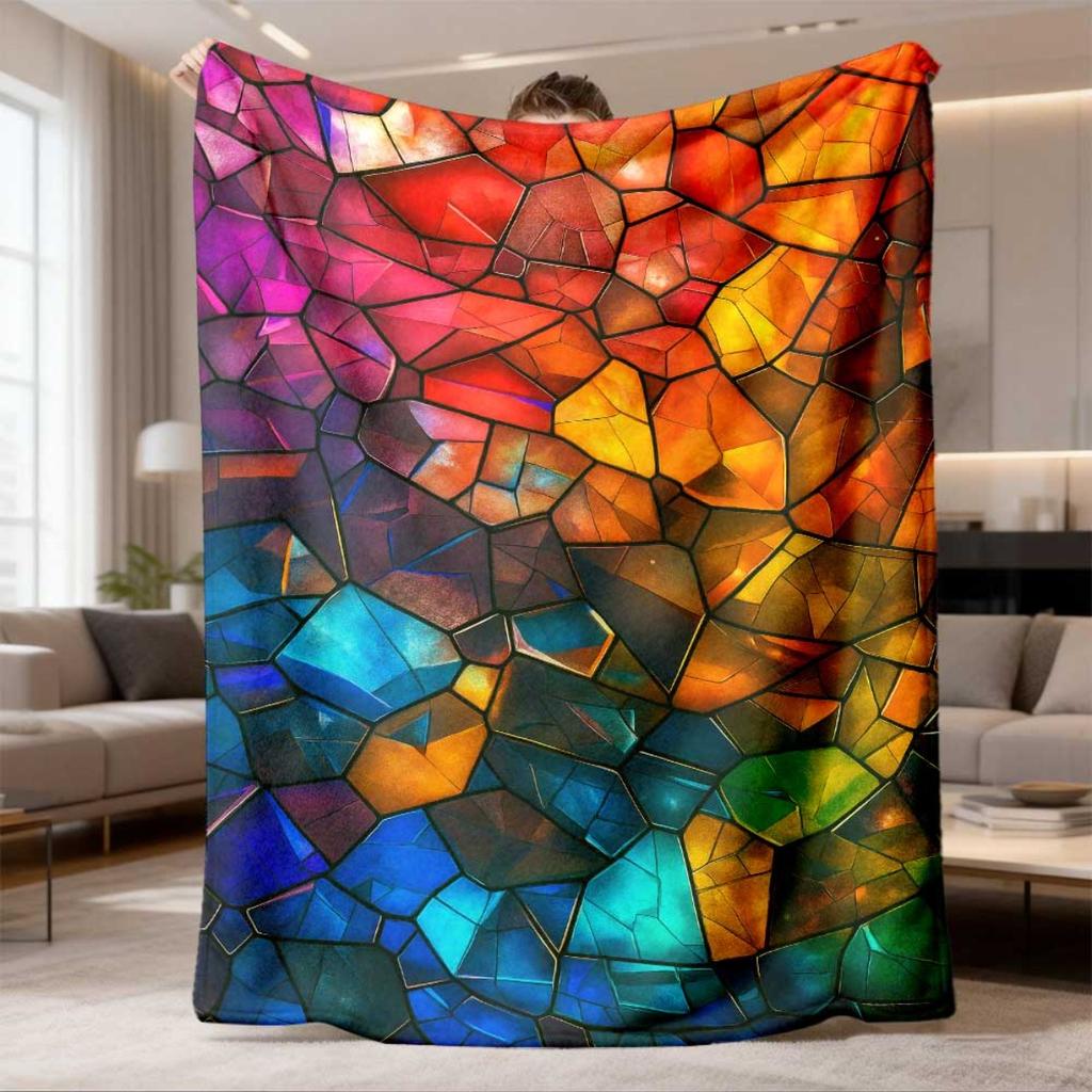 2026 Latest Flannel Blanket Modern Art Shattered Neon Glass Pattern Print, Mixed Color, Polyester, Flannel, Digital Print, Reversible, AllSeason, 2002
