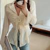 Deeptown Fairycore Lace Up Blouse Women Long Sleeve New Turn Down Collar Shirts Feminina Ladies Cropped Tops Korean Fashion Chic