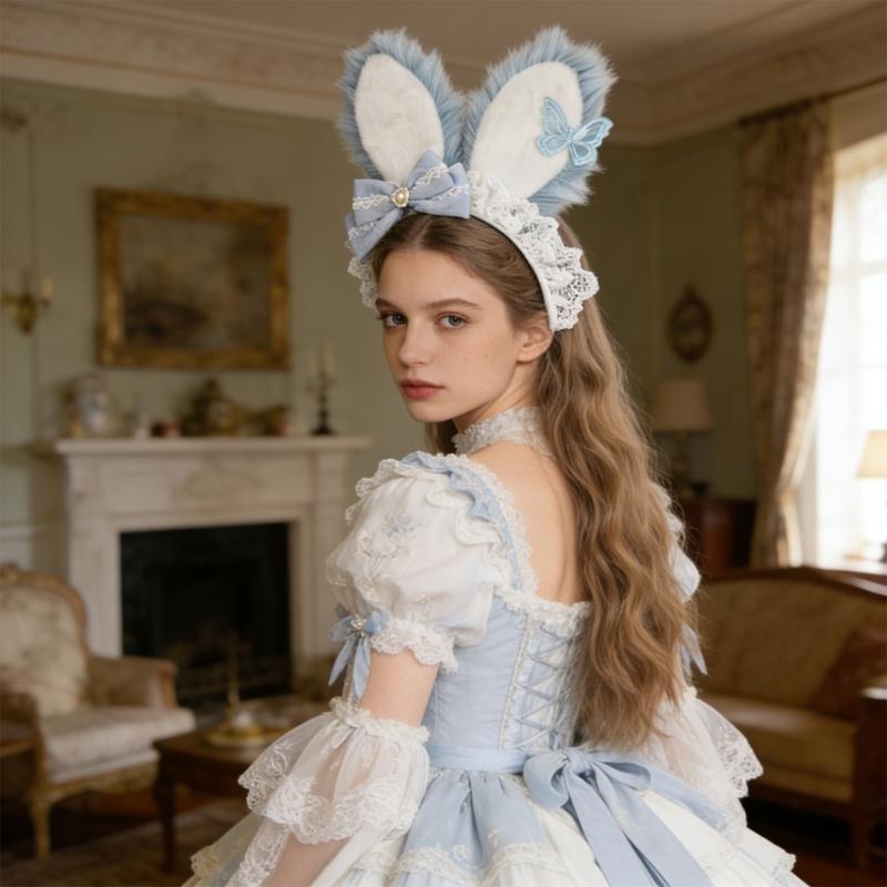 Plush Sweet Rabbit Ears Headband With Elegant Lace And Bowknot Detachable For Cosplay Party And Daily Wear