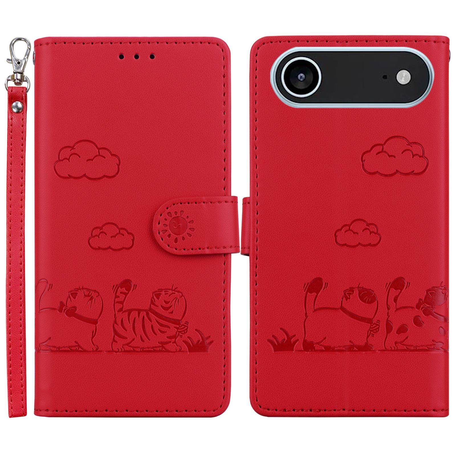 

For iPhone 17 Air Case RFID Blocking Kitten Pattern TPU+PU Leather Phone Cover with Wrist Strap Red