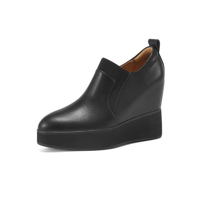 10Cm small man thick-soled super high-heeled leather loafers 2025 new wedge-heeled single shoes elastic inner height-increasing women's shoes