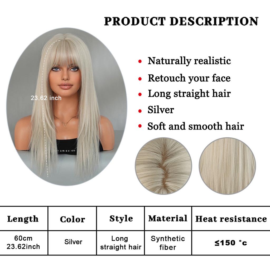 Stříbrná bílá vrstvená rovná paruka pro ženy - Paruka s plnou čepicí s ofinou do vzduchu, Párty Halloween Cosplay Strojově vyrobená paruka, K dispozici stříbrné varianty