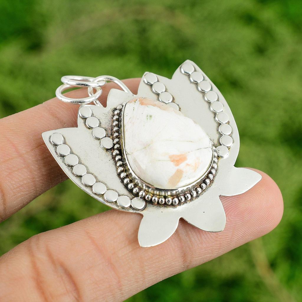 Daughters Day Deal Sterling Silver Scolecite Stone Art Deco Lotus Unique Pendant