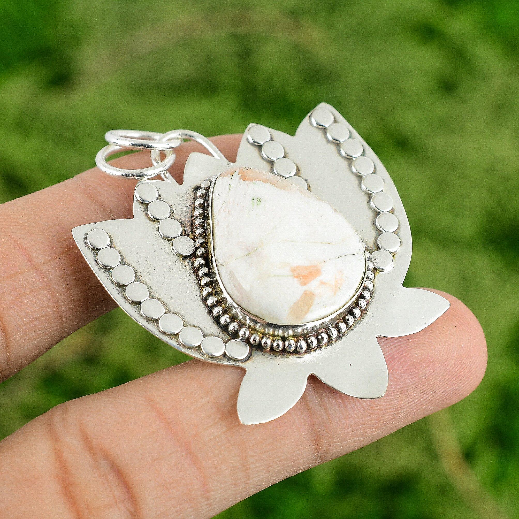 

Daughters Day Deal Sterling Silver Scolecite Stone Art Deco Lotus Unique Pendant