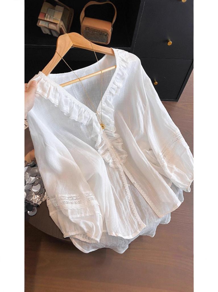 Summer Blouse With Ruffled Lace Trim Vneck Long Sleeve For Women
