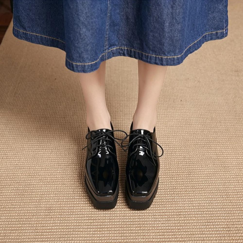 HZB‑761‑8 2026 New Women Patent Leather Lace‑Up Wedge Platform Pumps, British Style Soft‑Sole Versatile Thick‑Sole Casual Leather Shoes