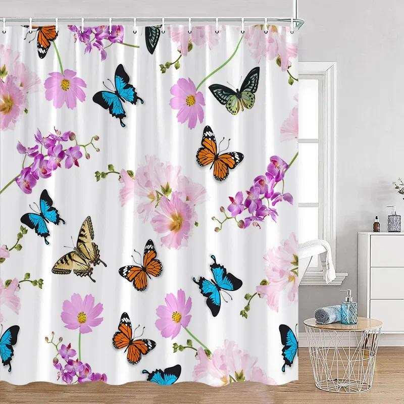 Floral Blue Butterfly Shower Curtain Purple Flowers Butterflies Plant Polyester Fabric Bathroom Decor Bath Curtains With Hooks