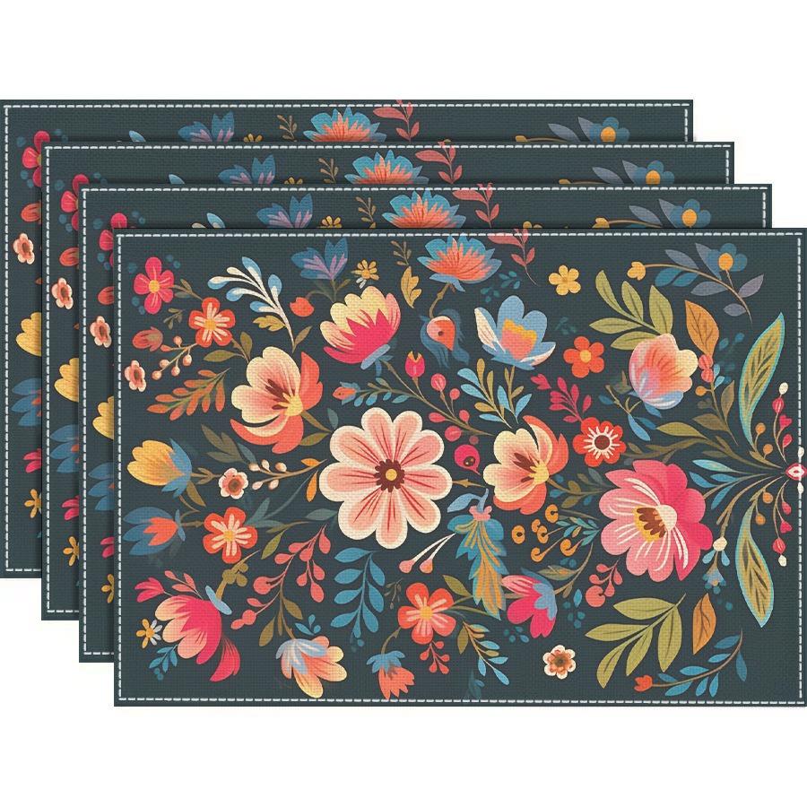 4/6/8pc Placemats Set Nordic Folk Flowers Table Mats Washable Linen Retro Black Country Dining Room Kitchen Heat Resistant 4pcs