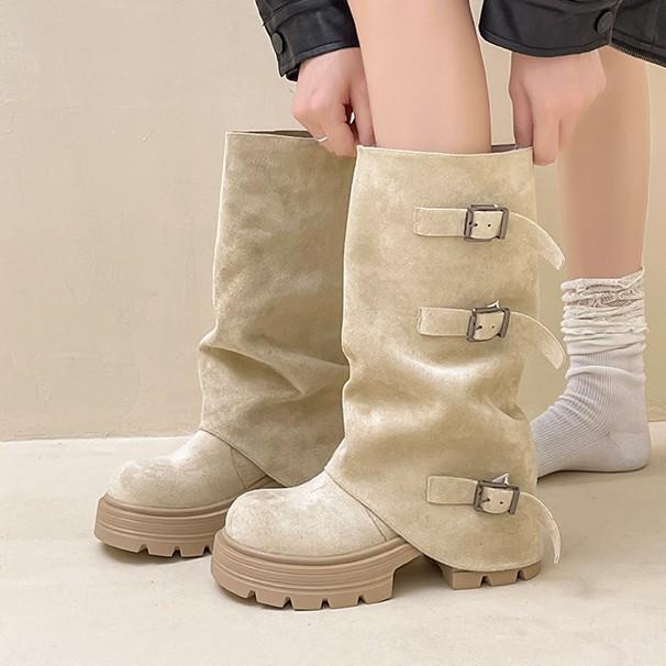 Wasteland wind thick-soled western cowboy fashion boots women's 2025 autumn and winter new pleated belt buckle outer wear medium boots tide