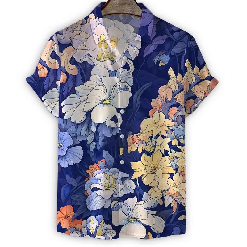 Fashion 3d Print Flower Lapel Shirt Men Summer Short Sleeves Floral Hawaiian Shirts Cool Street Button Loose Blouse Tops Clothes